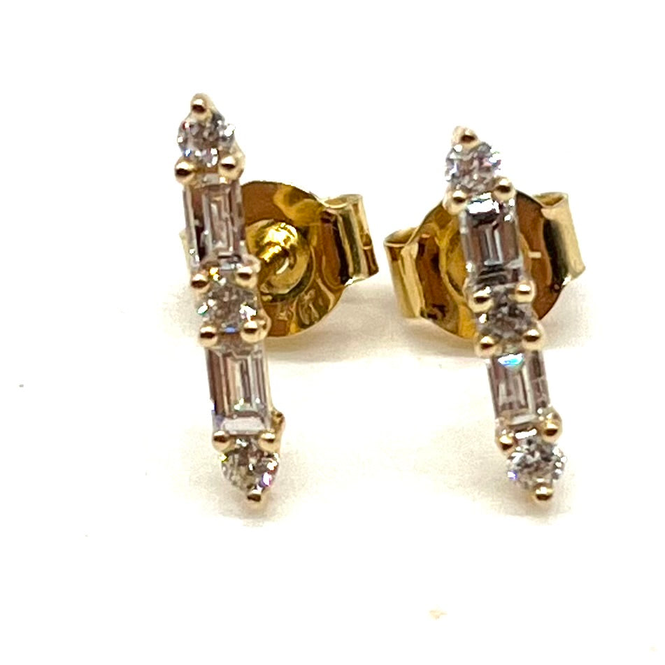 14K Gold Diamond Baguette Stick Earrings