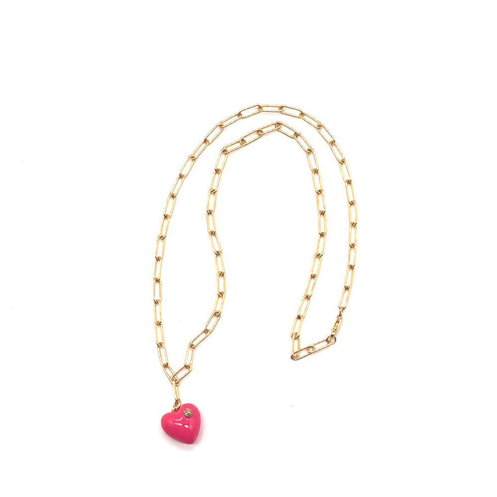 Enamel Heart w/Diamond Pendant Necklace - Pink