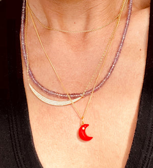Enamel Moon w/Diamond Pendant Necklace - Red