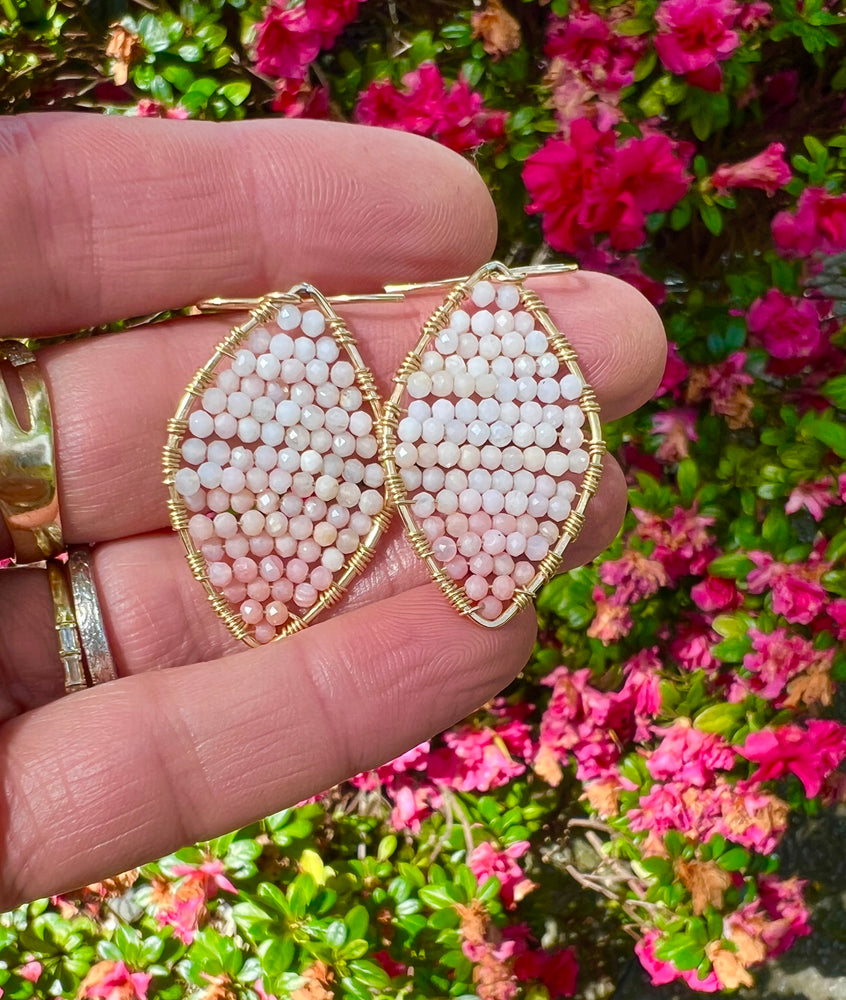 Gold Marquise Earrings in Pink Opal, Medium