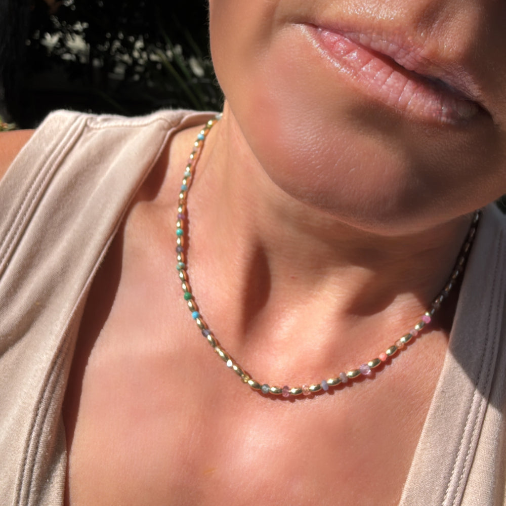 Gold Oval Bead Multi-Stone Necklace- 15.5"