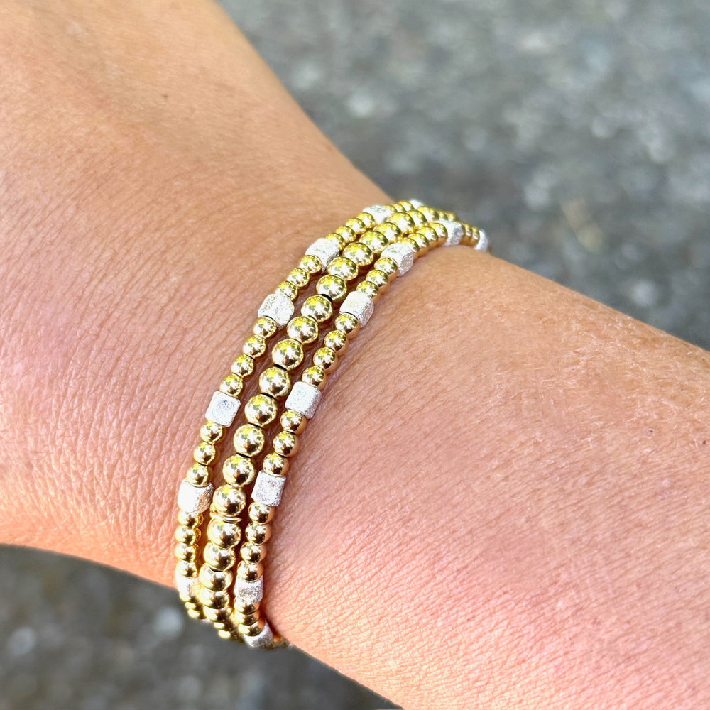 Gold Beaded + Silver Squares Stretch Bracelet