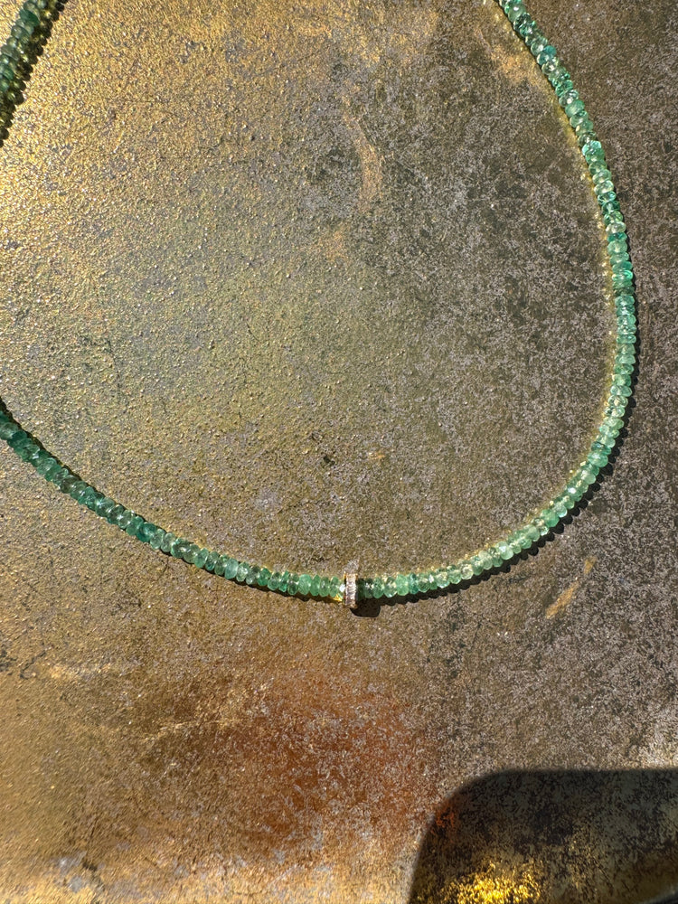Raw Emerald Necklace + 14K Diamond Baguette Rondelle - 15.5"