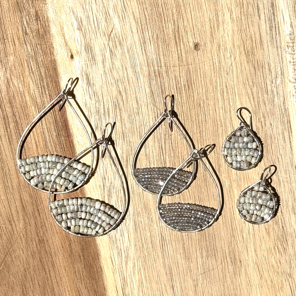 Silver Teardrop Earrings in Labradorite, Medium