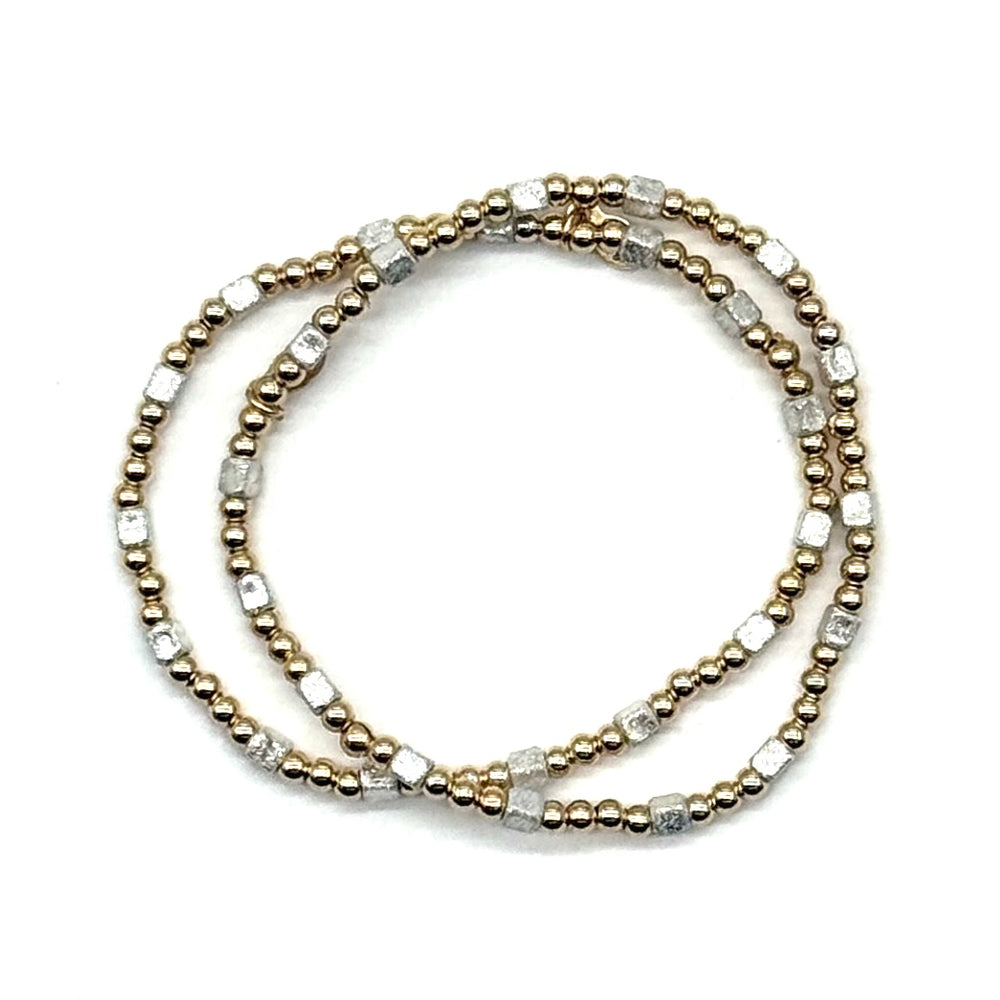 Gold Beaded + Silver Squares Stretch Bracelet