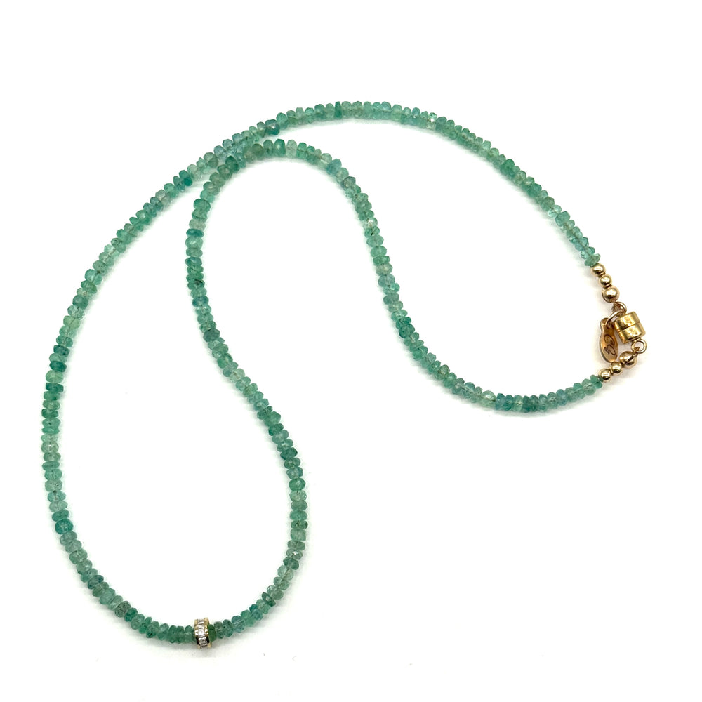 Raw Emerald Necklace + 14K Diamond Baguette Rondelle - 15.5"