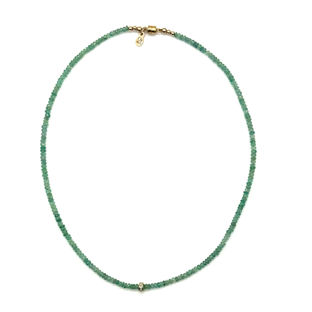 Raw Emerald Necklace + 14K Diamond Baguette Rondelle - 15.5"