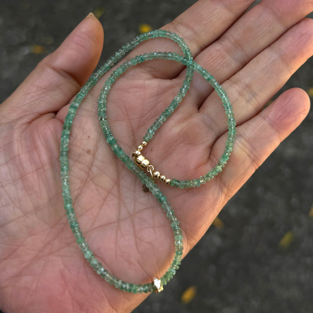 Raw Emerald Necklace + 14K Diamond Baguette Rondelle - 15.5"