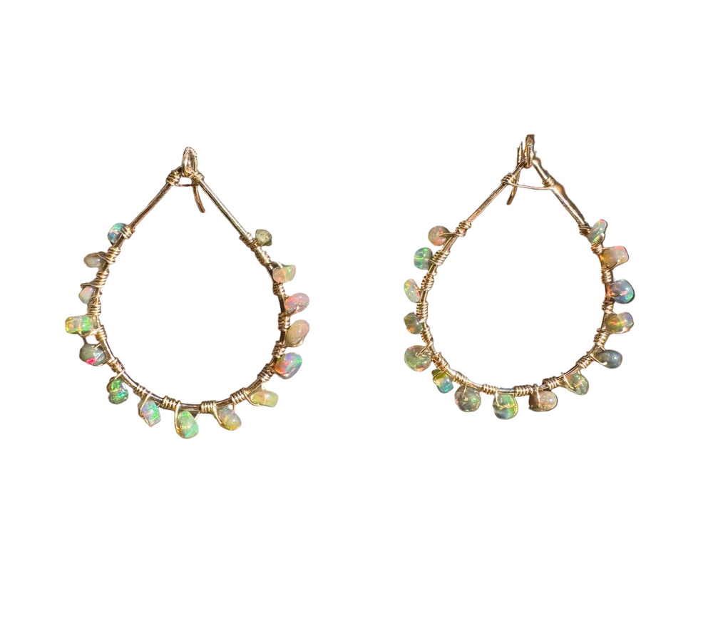 Gold Teardrop Earrings in Ethiopian Grey Opal, Medium