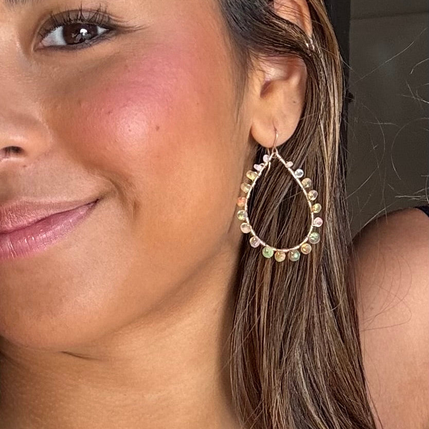 Gold Teardrop Earrings in Ethiopian Grey Opal, Medium