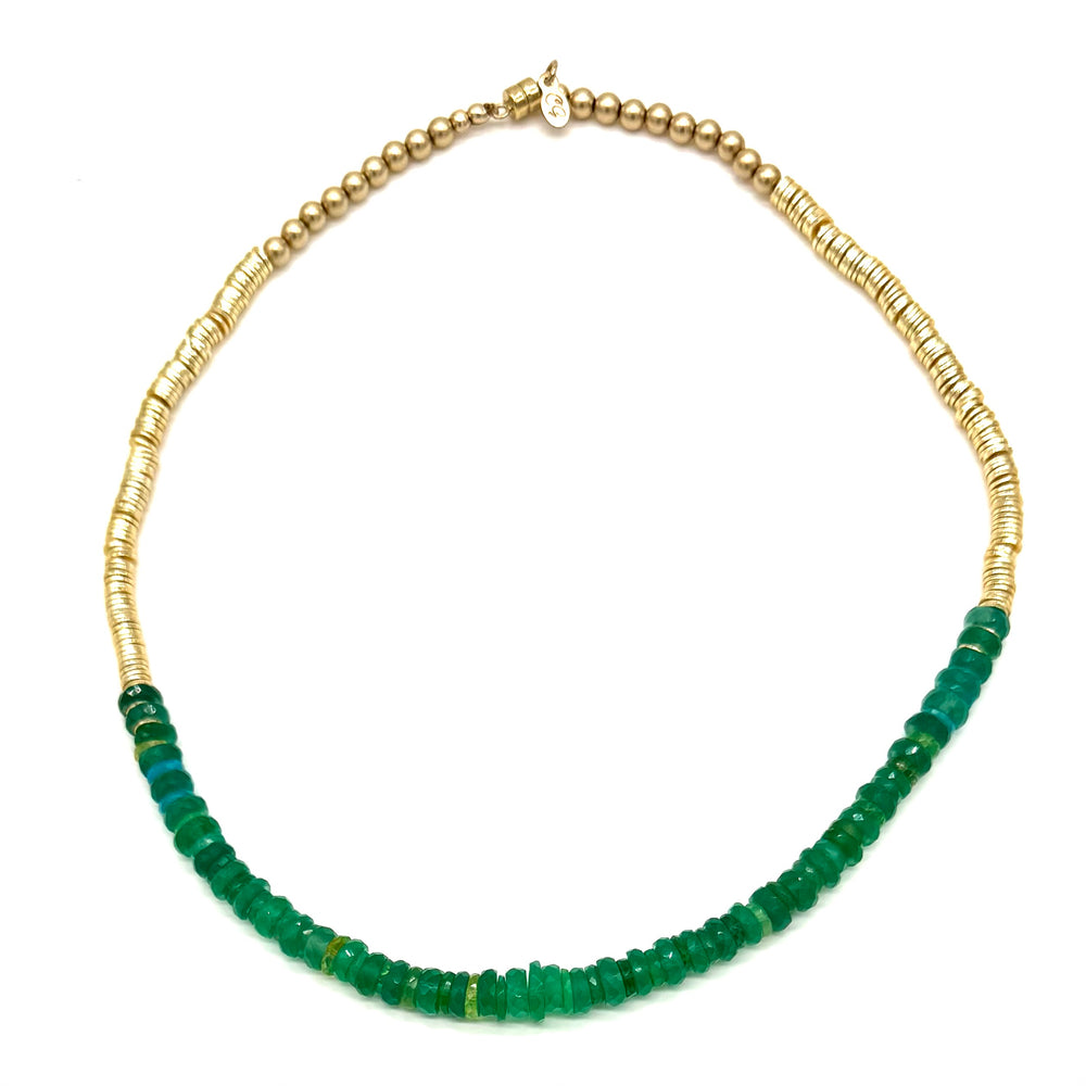 Bright Green Onyx, Opal + Gold Chunky Necklace - 15.5"