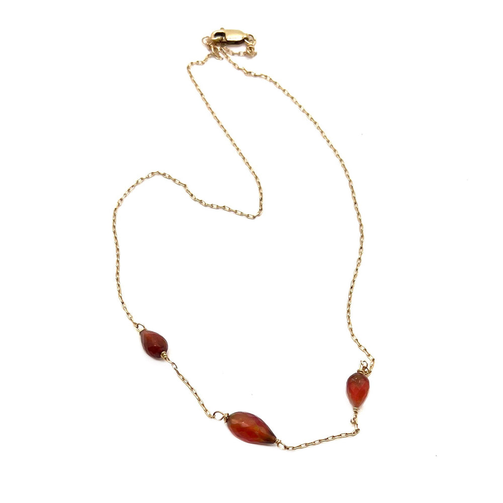 Red Fire Opal Trio Teardrop Necklace on Gold Chain - 16"