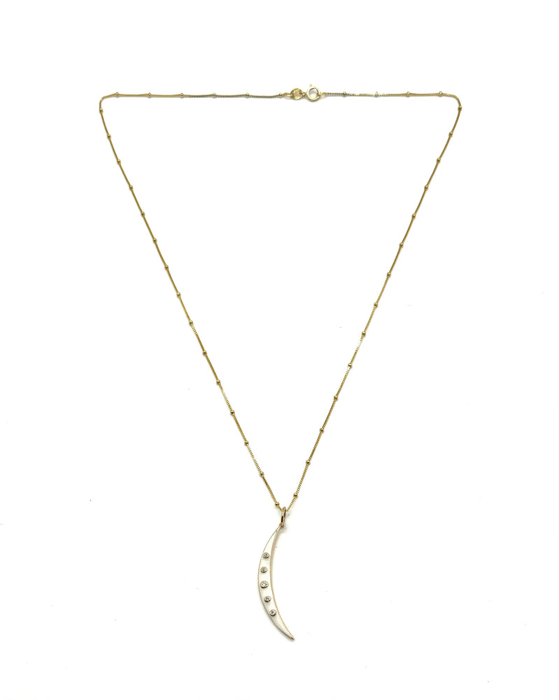 14K Gold + Diamond Crescent Enamel Moon Pendant Necklace - White