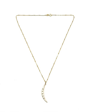 14K Gold + Diamond Crescent Enamel Moon Pendant Necklace - White