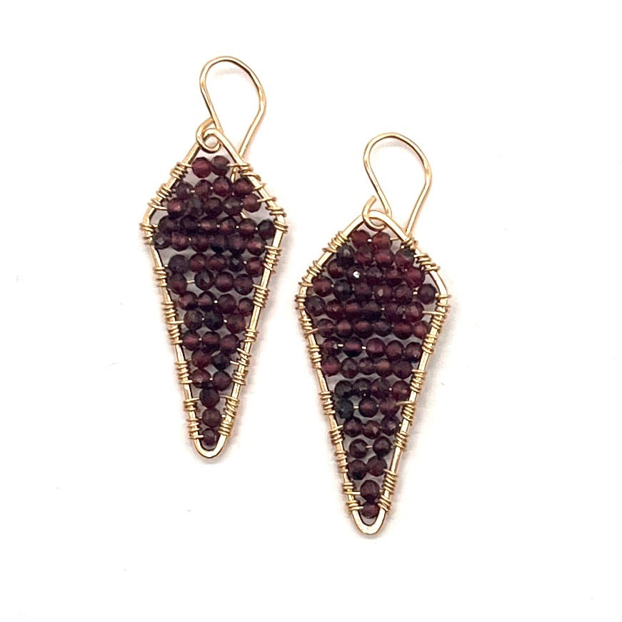 Gold Kite Shaped Earrings in Garnet
