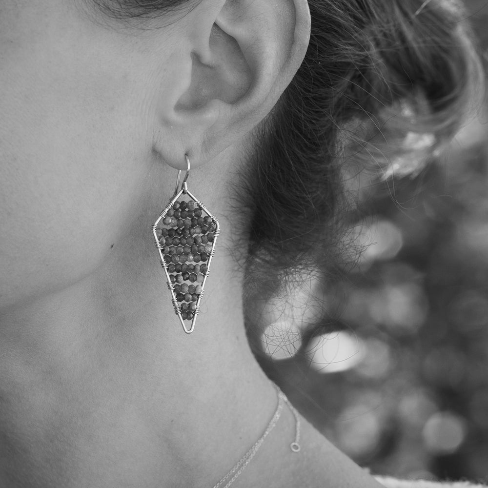 Gold Kite Shaped Earrings in Garnet