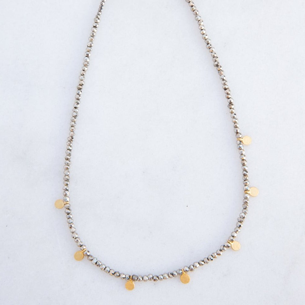 Gold Disk Necklace w/ Silver Pyrite - 15"