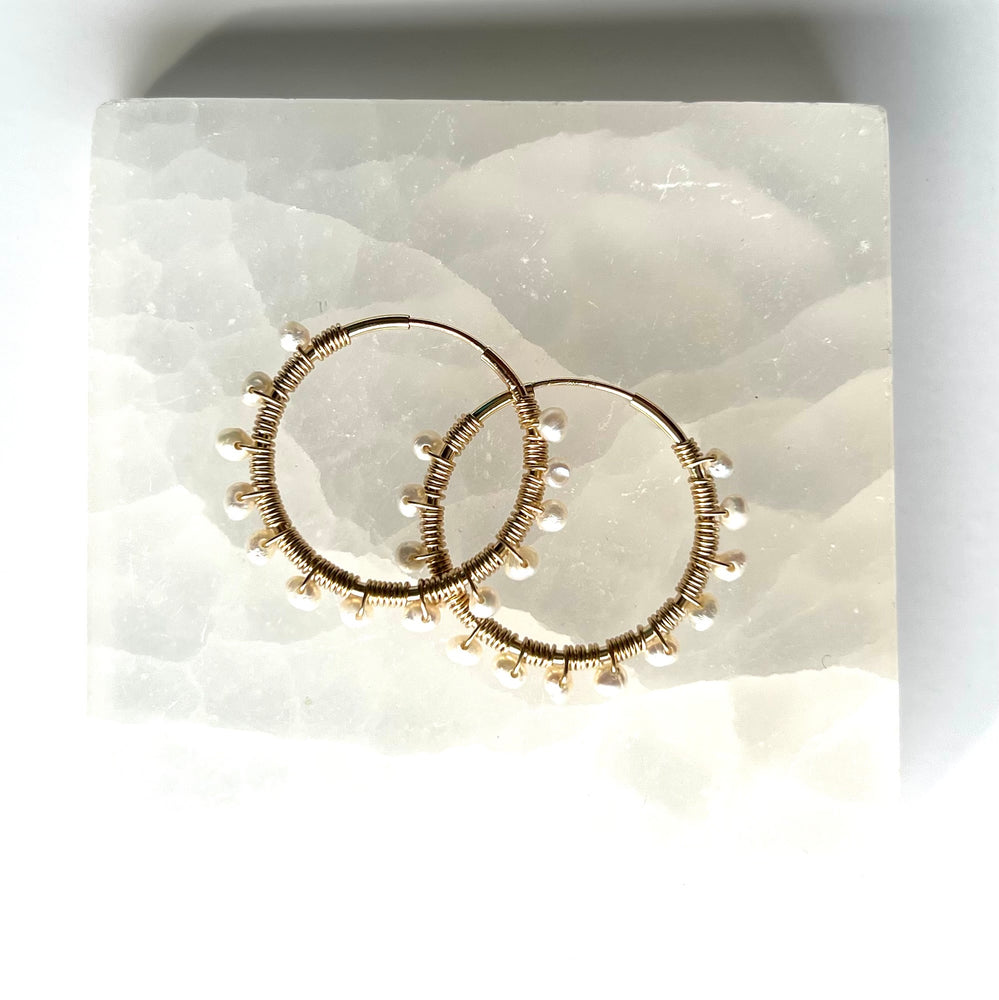 Gold Hoops with Freshwater Pearls, Medium